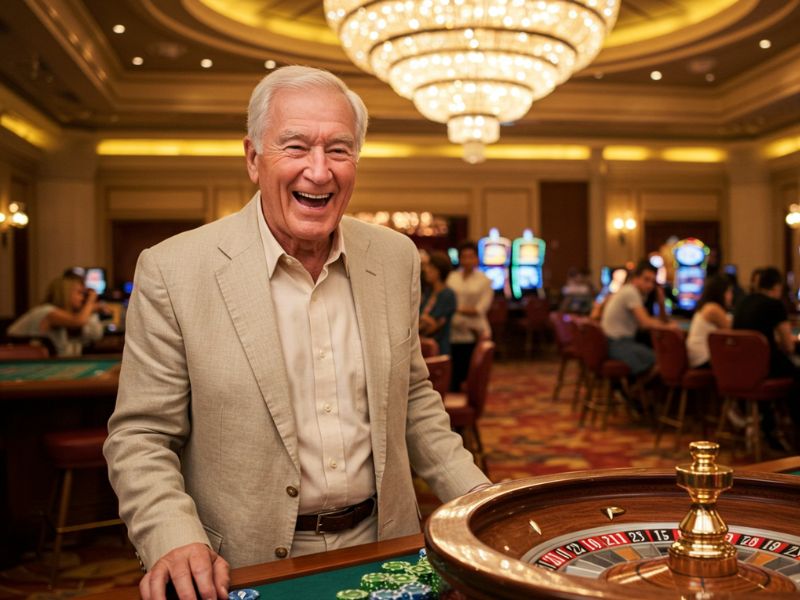 Old man celebrating his big win at Extreme Gaming88 Casino slot machines.