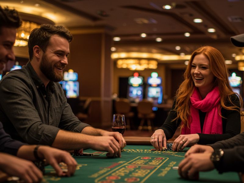 Young woman and her opponent enjoying GCash online gaming in a lively casino environment