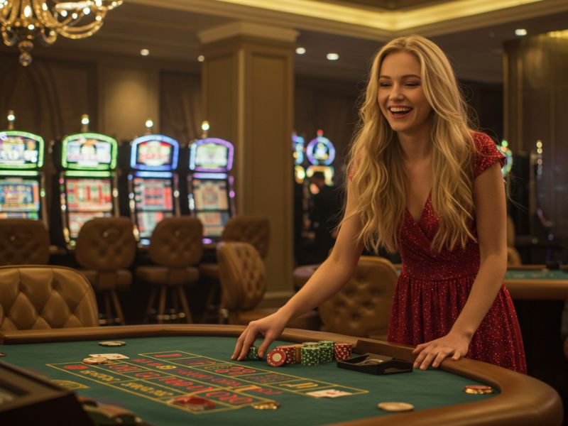 Girl enjoying GCash online gaming while betting in a vibrant casino environment