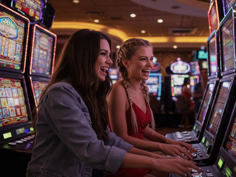 Girl and her best friend enjoying Jackpot Meter Slots online in a vibrant casino setting