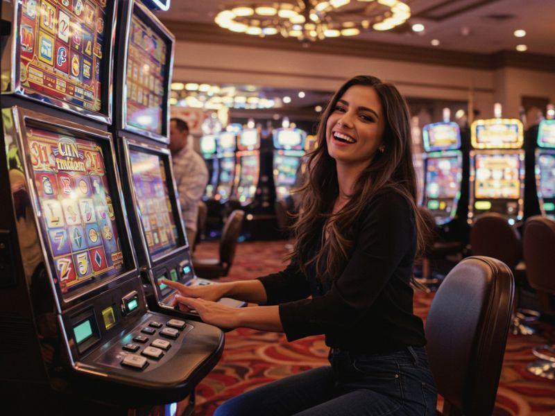 Girl playing Jackpot Meter Slots at a vibrant casino, focused on winning big prizes.