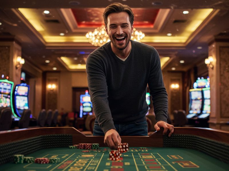 Man enjoying his winnings while using Manila Pay Casino Cashout for a fast and secure transaction in a lively casino.