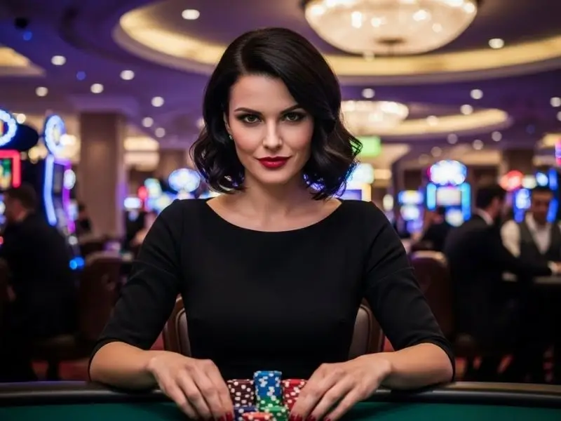 Fierce woman ready to place her bet at a poker table in the AU77 online casino