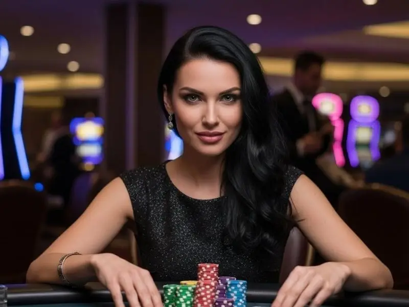 Fierce-looking lady celebrating her big win at the Casino Frenzy with a stack of chips