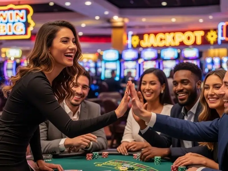 Friends cheering at a poker table during an exciting casino frenzy win