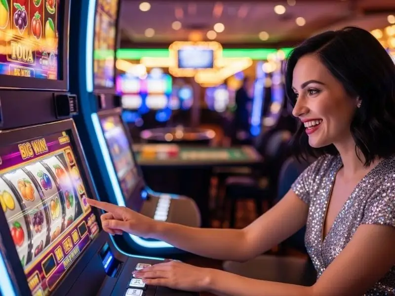 Happy woman playing slot machine during a casino frenzy, enjoying big wins and excitement