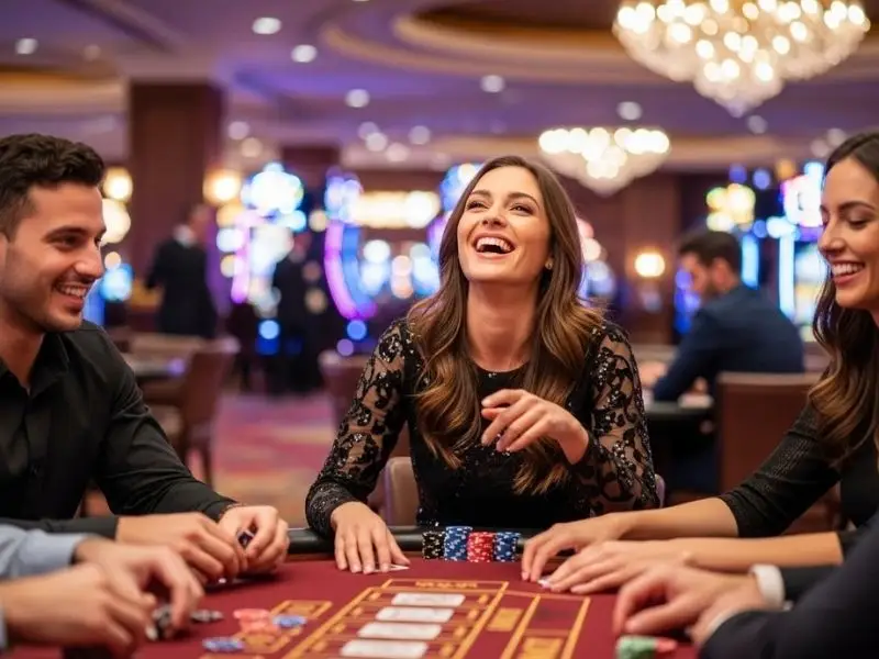 Happy friends playing poker together, enjoying the game after a successful casino frenzy login.