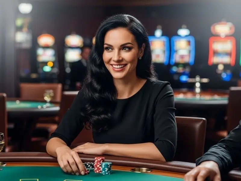 Joyful gamer smiling at a poker table after a successful casino frenzy login