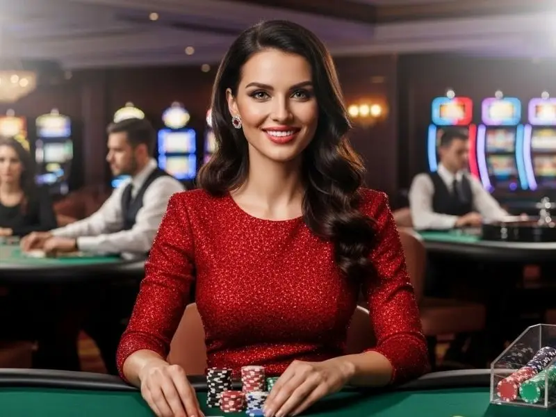 Smiling woman celebrating her big win in poker after logging into Casino Frenzy – Casino Frenzy Login excitement.