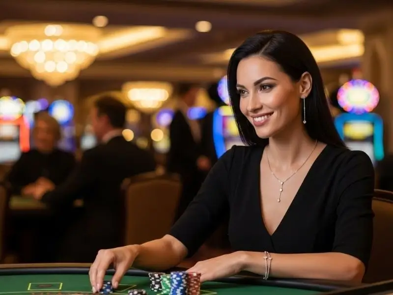 Smiling player placing a poker bet during a casino frenzy, enjoying the thrill of the game