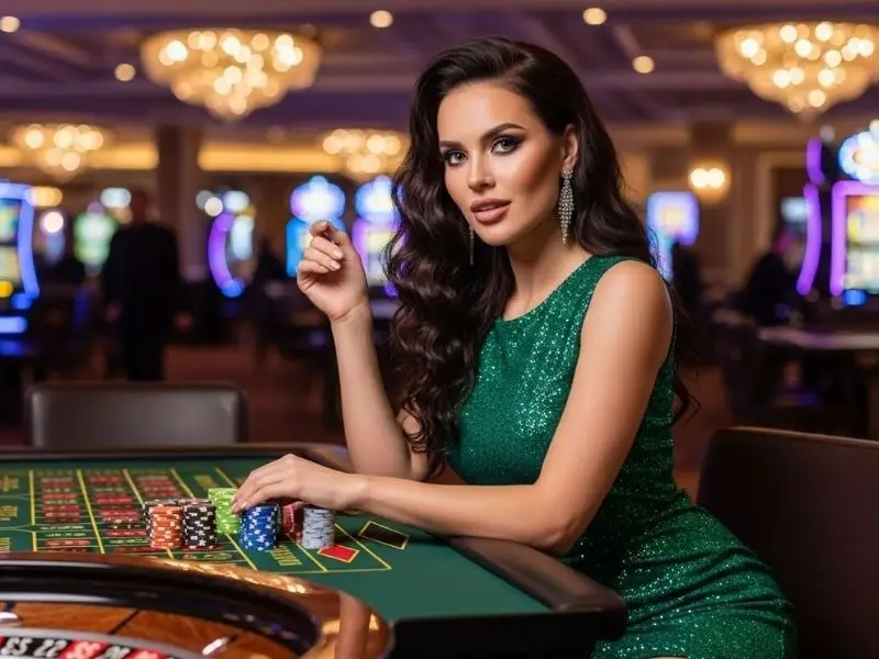 Elegant woman placing a bet on a roulette table at a casino, enjoying the casino plus free 100 promotion.