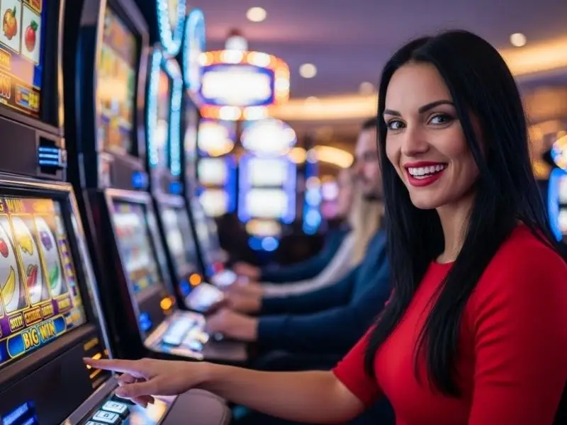 Lady smiling while playing slot machines at Casino Plus Free 100 online casino