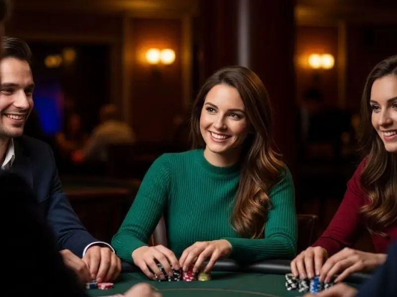 Group of friends enjoying a lively poker night at The Falcon Play Casino, smiling and having fun together
