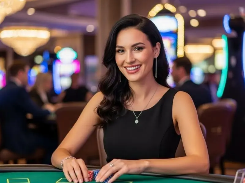 Joyful gamer smiling while playing blackjack at Falcon Play Casino table