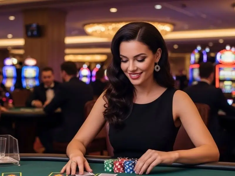 Joyful poker player winning big at Falcon Play Casino with a stack of chips