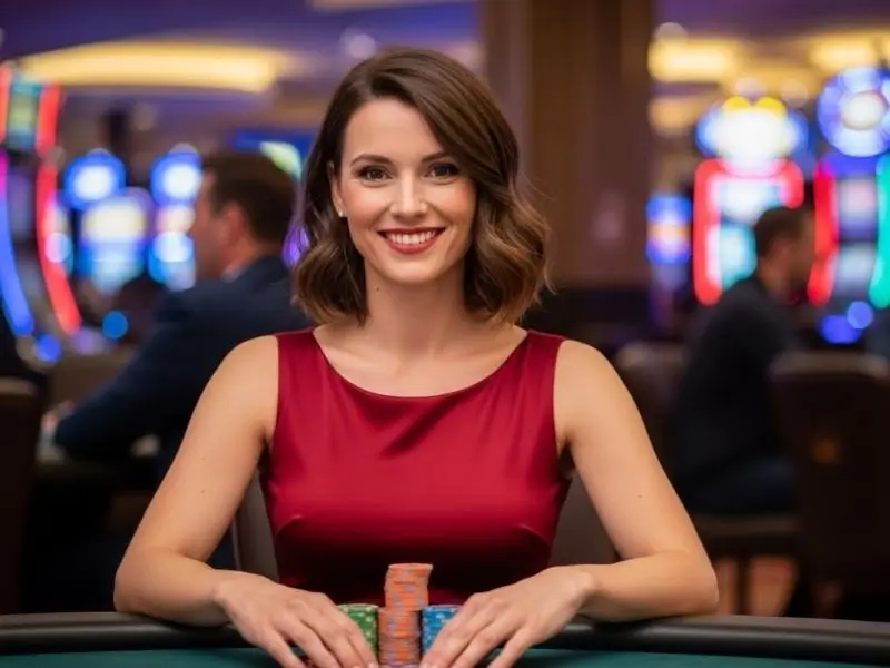 Hot 646 Casino login – joyful lady smiling at poker table enjoying online casino games