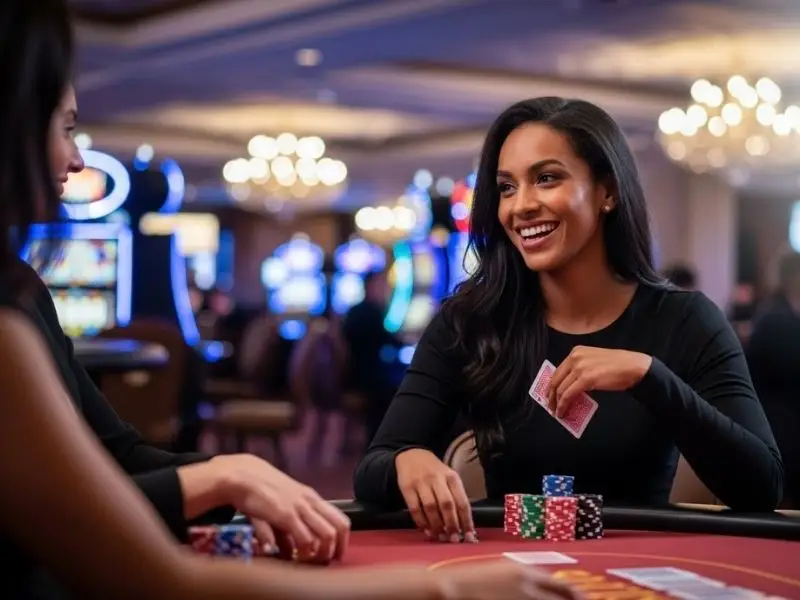 Lady holding cards and smiling at a poker table, enjoying her game at Hot 646 Casino Login.