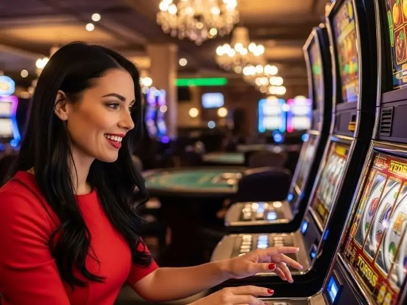 Happy guest enjoying a slot machine at JB Casino, experiencing excitement and fun.