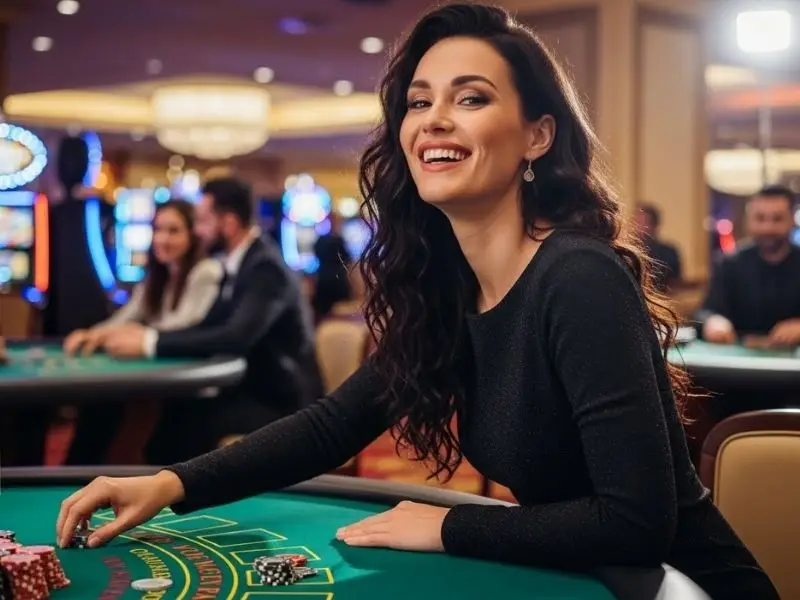 Woman enjoying table games at JB Casino with a bright, lively atmosphere