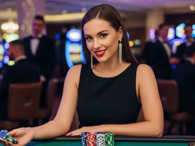 Elegant woman holding poker chips while playing at JK4 Online Casino