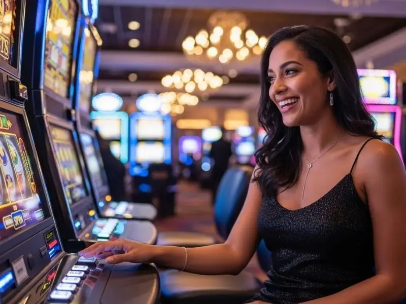 Happy player pressing a slot machine button at jk4 online casino, enjoying an exciting online casino game