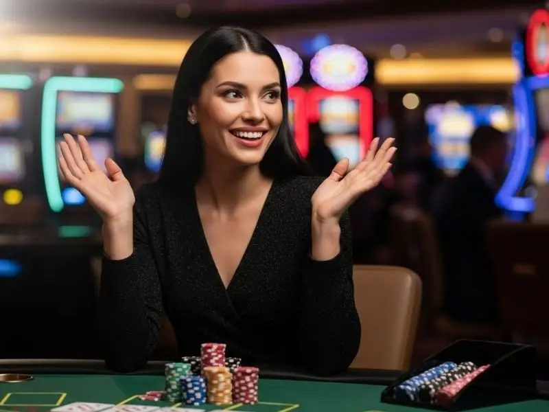 Smiling lady playing poker at a casino table, representing the exciting gaming experience at jk4 online casino