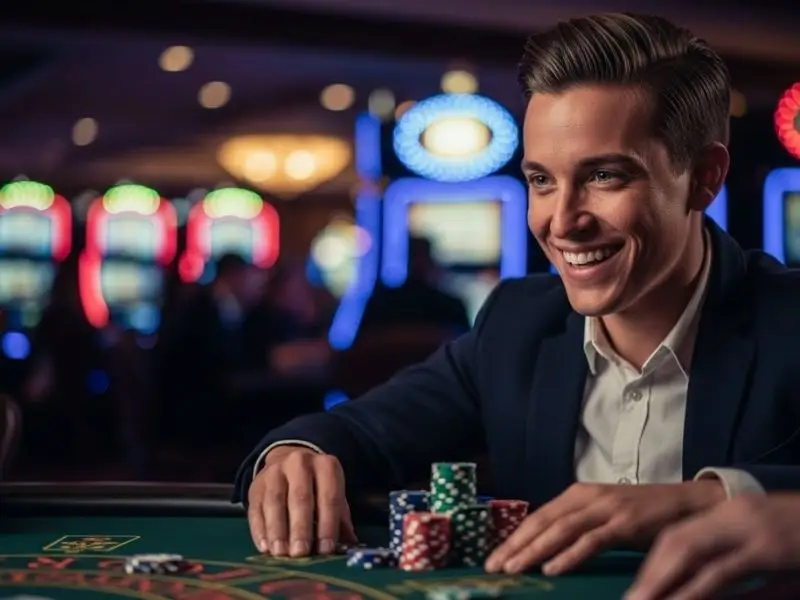 Man smiling and enjoying a poker game at the Me777 online casino.