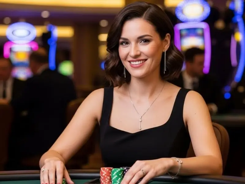 Happy poker player enjoying a game at an online casino PayPal platform, smiling and having a great time.
