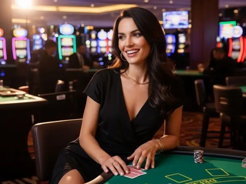 Woman smiling while playing casino table games online at an online casino PayPal