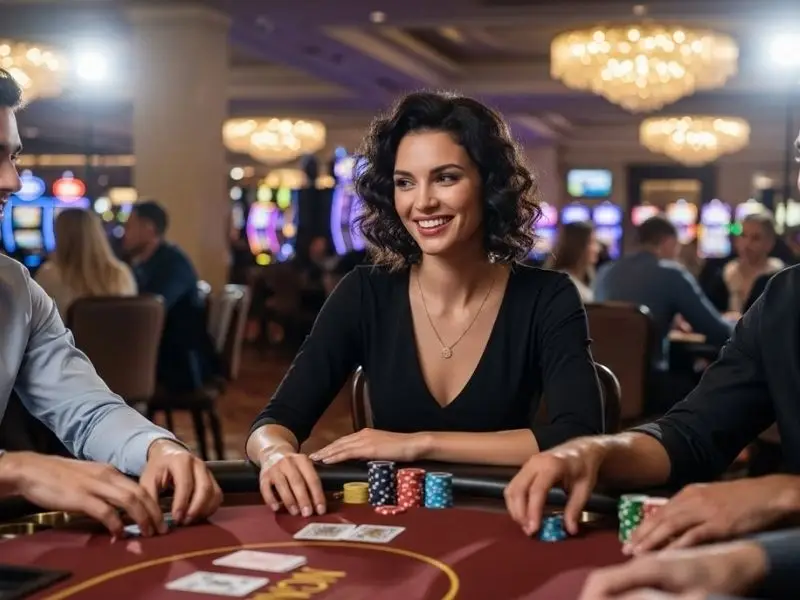 Happy woman playing poker at an online casino PayPal, enjoying secure and easy transactions while gambling online.