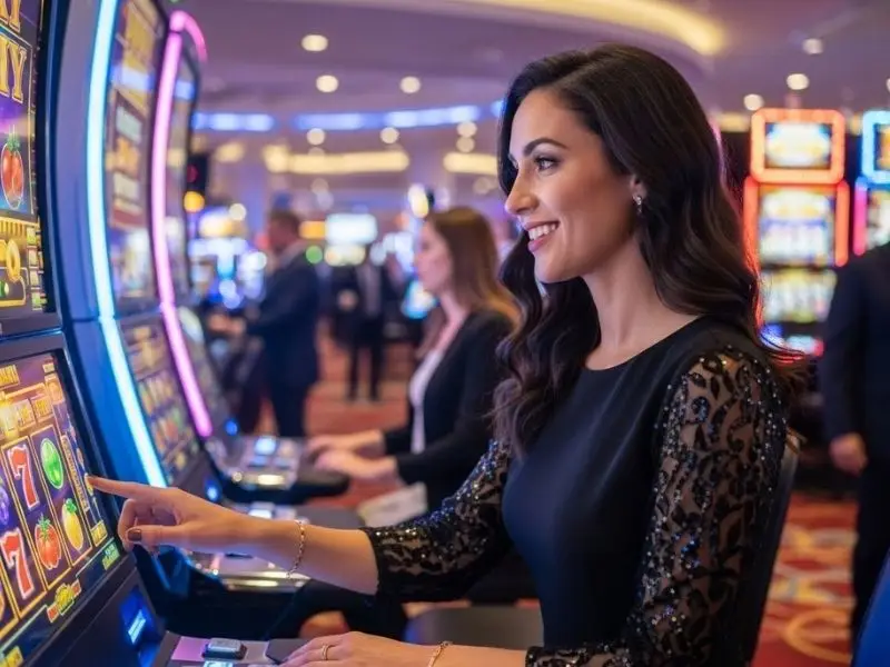 Teddy playing slot machines at The Teddy Casino, enjoying the casino gaming experience