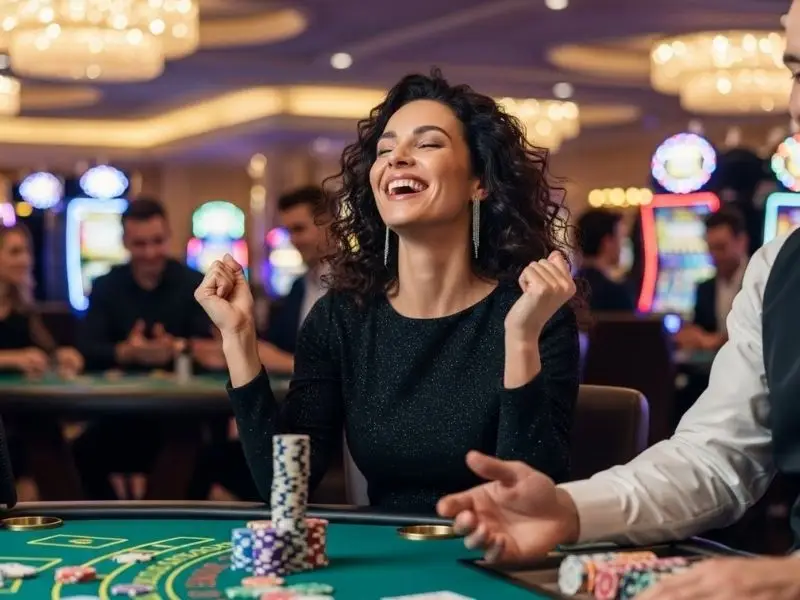 Woman cheering after winning at table games at Teddy Casino