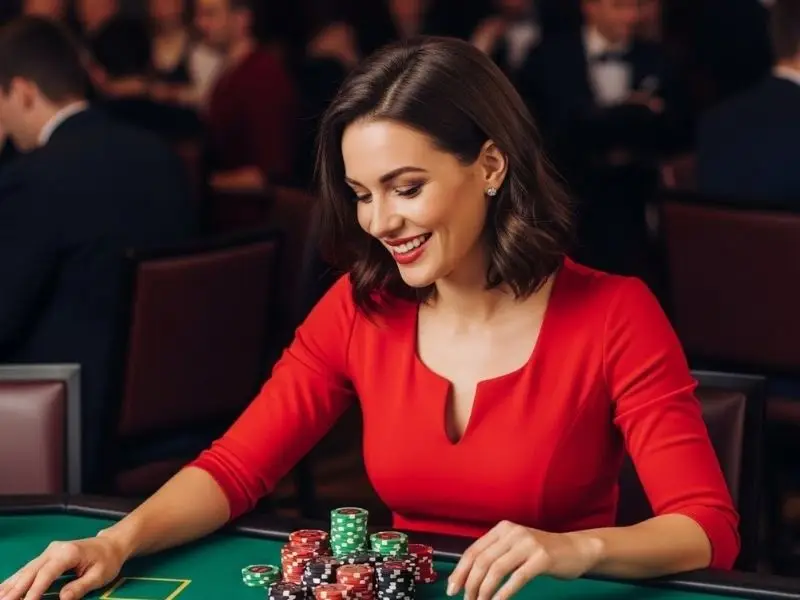 TG777 Casino login – Woman smiling with her big stack of chips celebrating a win