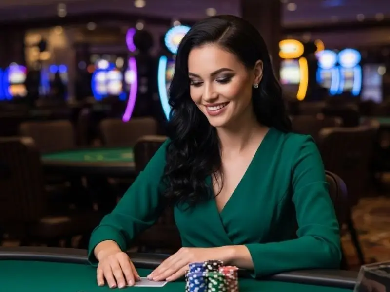 Happy gamer playing poker at the Thunderbird Resorts and Casinos Poro Point