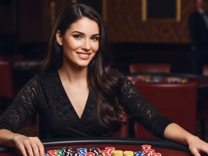 Smiling woman holding and flexing her stack of chips at The Thunderbird Resorts and Casinos Poro Point.