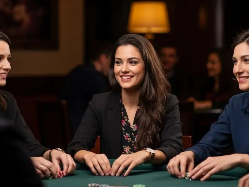 Group of friends enjoying a poker night at the Y777 online casino