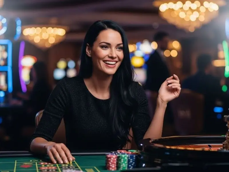 Woman smiling while playing roulette at the Y777 online casino