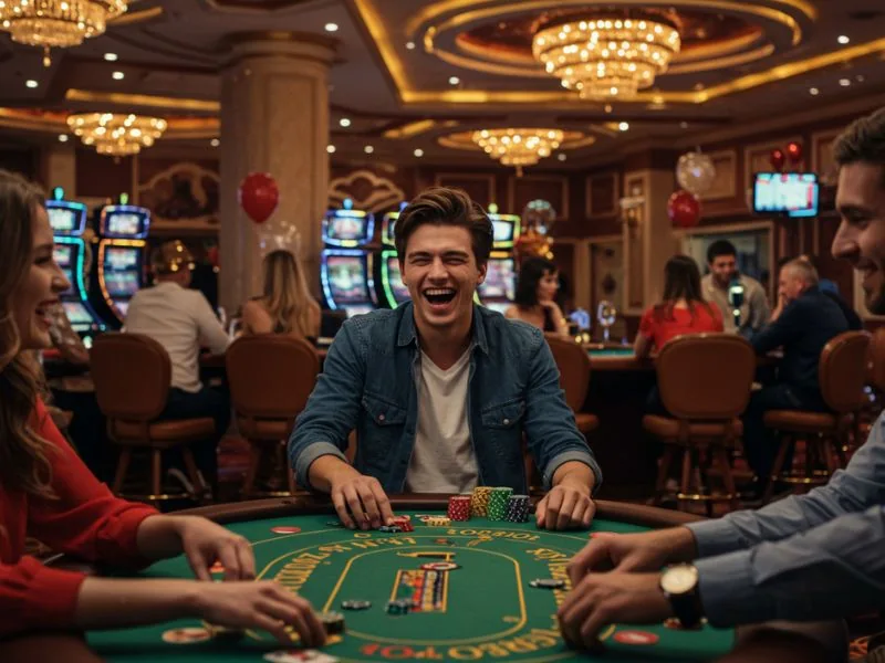 Happy friends cheering during an intense poker round at 8K8 online casino