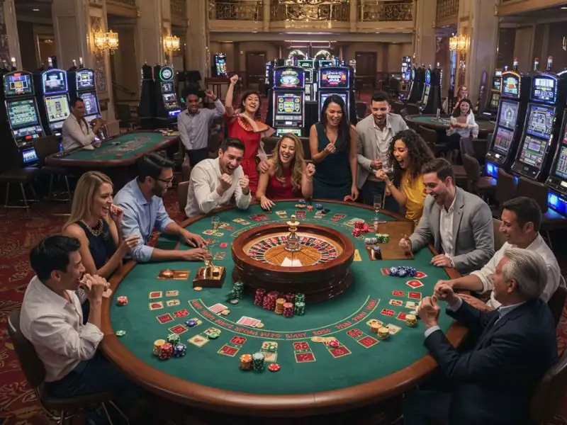 Happy friends pointing at the roulette table with anticipation at 8K8 online casino