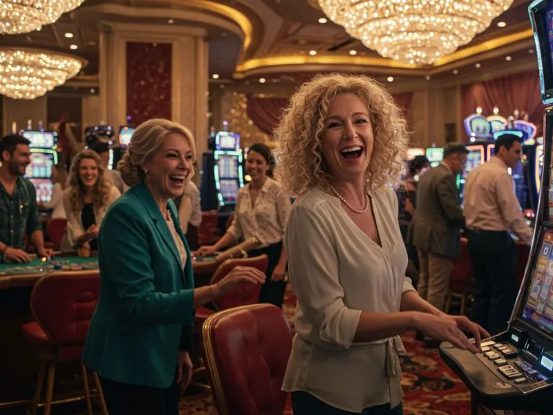 Happy lady smiling while spinning slot reels at 8K8 online casino