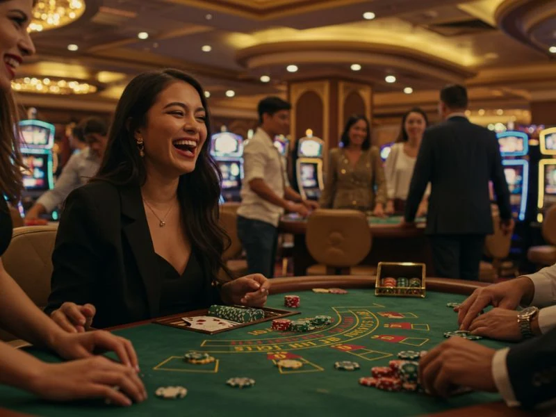Happy woman holding a stack of casino chips at 8K8 online casino