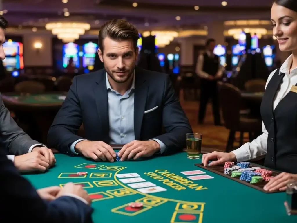 Excited gambler revealing cards during a Caribbean Stud poker game at solowin casino.