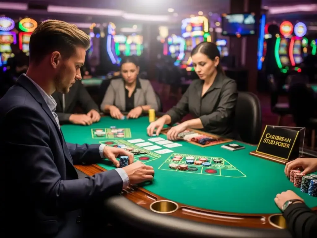 Player holding a winning hand in Caribbean Stud poker at solowin casino table with chips stacked.