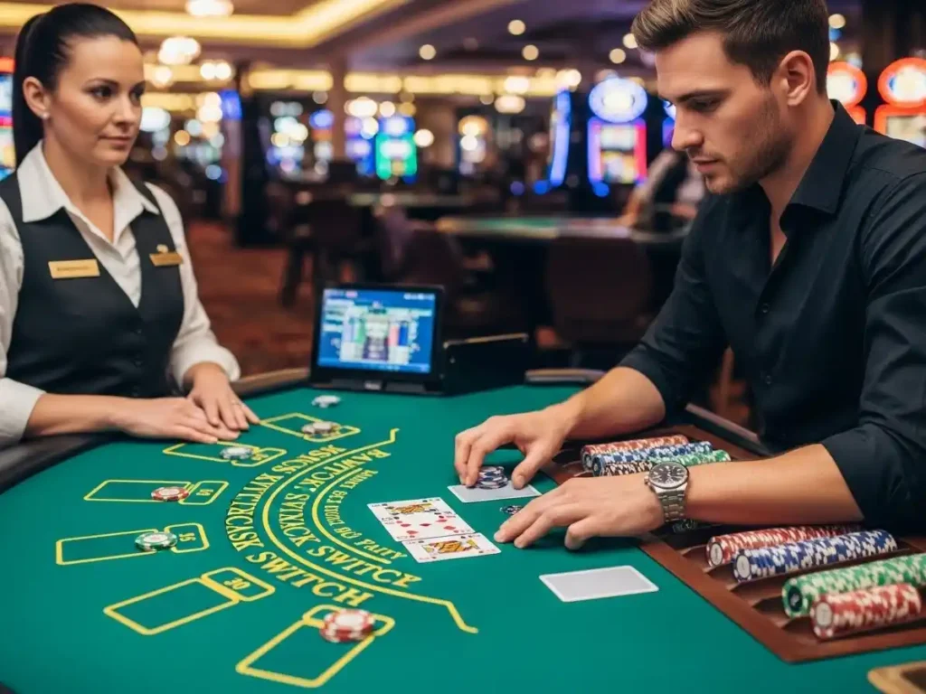 Excited gambler placing chips in a Blackjack Switch game at tala casino.