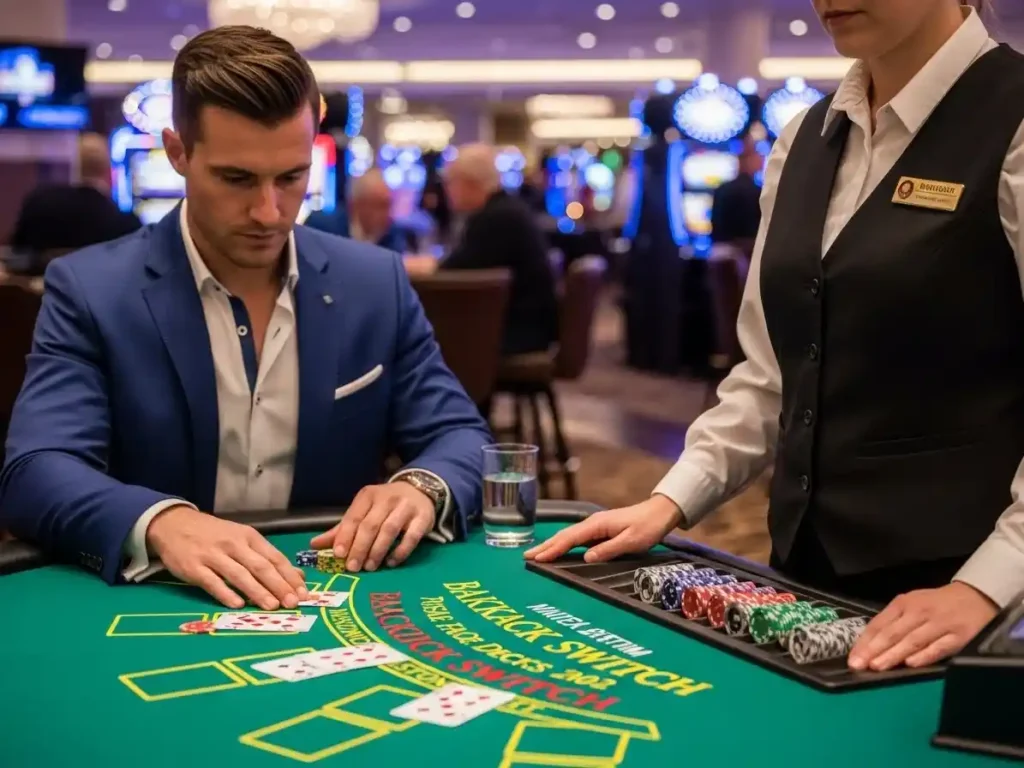 Casino player holding two hands of cards during Blackjack Switch at tala casino table.