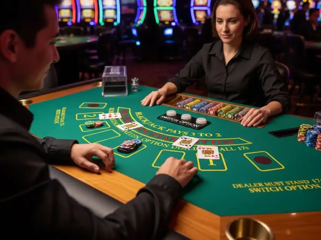 Focused player making decisions in Blackjack Switch at tala casino with cards and chips on the table.