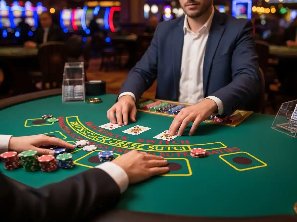 Person playing Blackjack Switch at tala casino, holding two hands of cards while placing chips on the table.