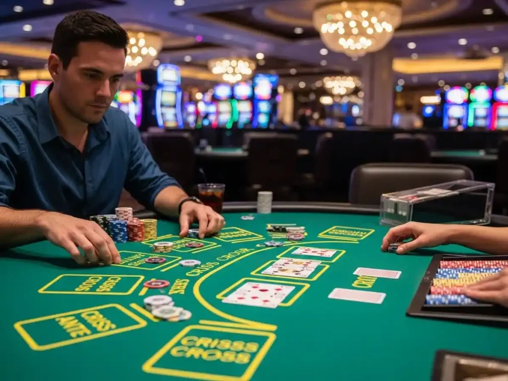 Excited player placing bets during a Criss Cross Poker game at s5-casino-free-51.