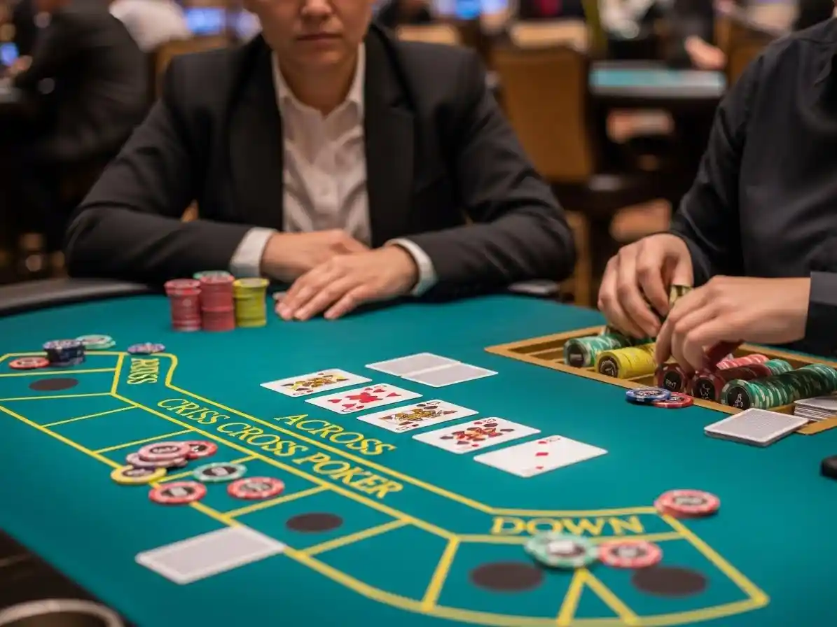Person playing Criss Cross Poker at s5-casino-free-51, holding cards and placing chips on the table.