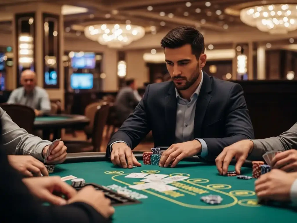 Poker enthusiast placing chips on the table during a game at superace88 casino.